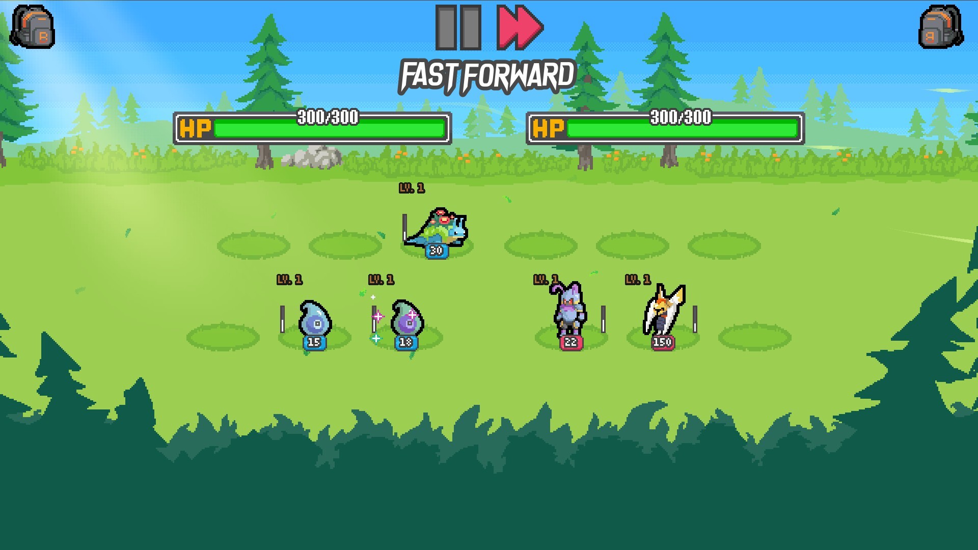 Two squads of Batomon facing off on a sunny grassland battle arena