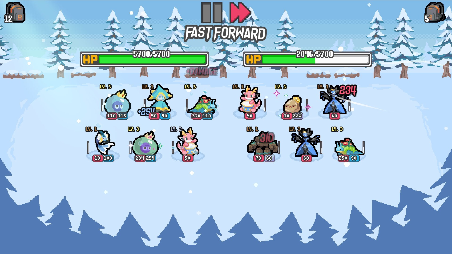A Batomon Showdown battle on a snowy map with both teams' health bars and damage effects