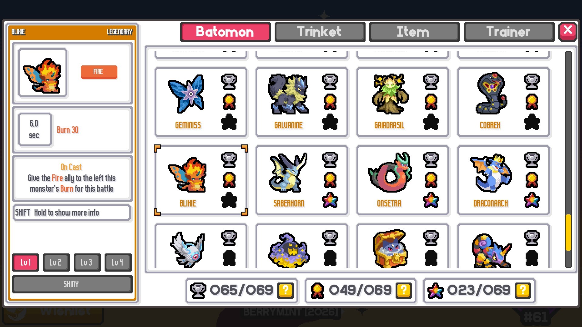 The Batomon collection screen showing a selected creature, its rarity and stat details