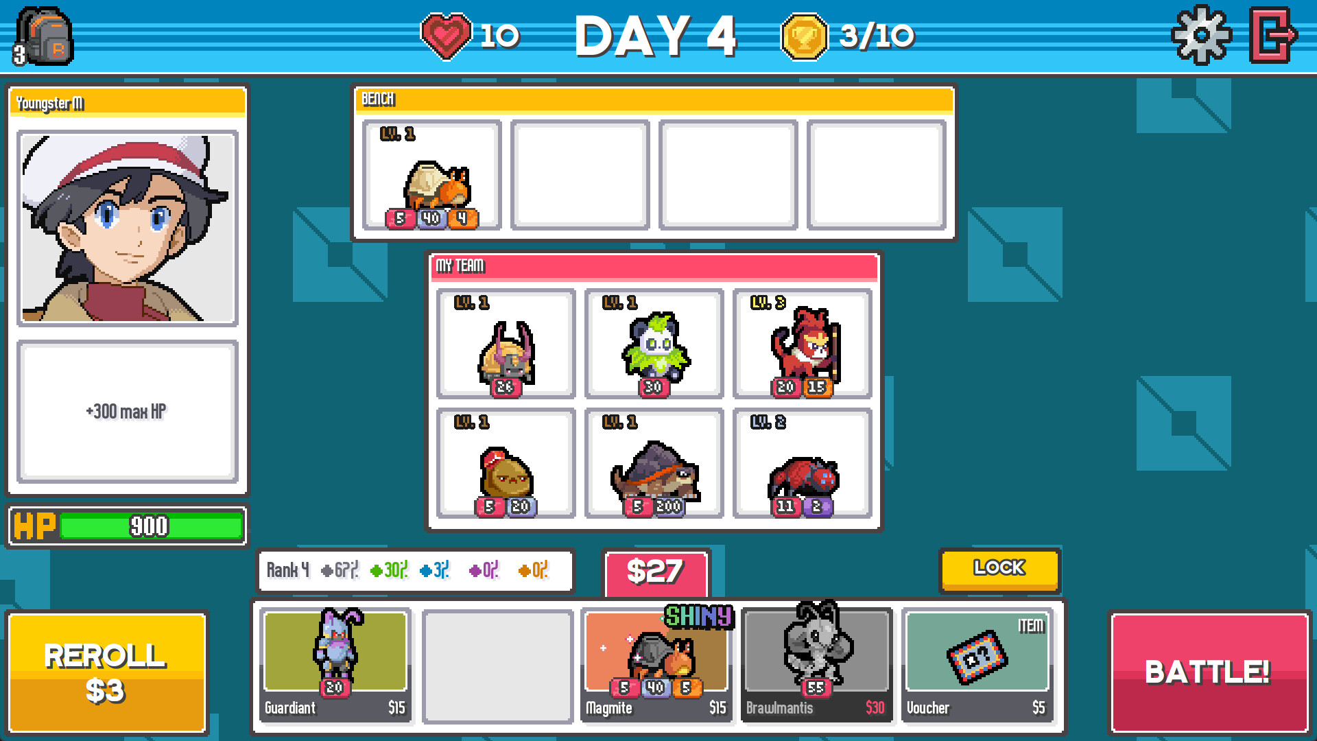 The main shop screen in Batomon Showdown showing units for sale, gold and team slots