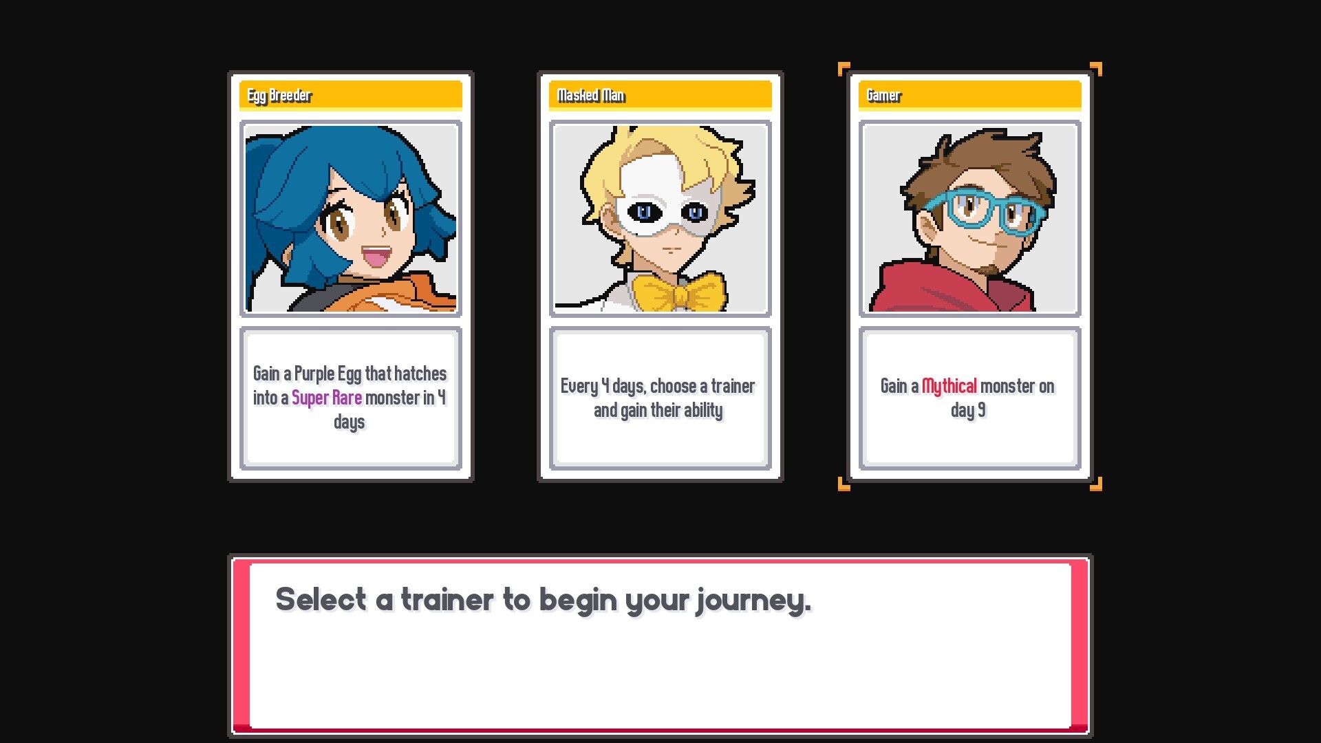 Trainer selection screen in Batomon Showdown showing three starter trainers and their starting bonuses